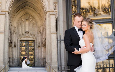 Bride and Groom in Front of Church San Francisco