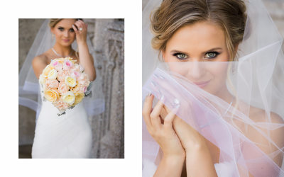 Bride Holding Veil Front of Church San Francisco