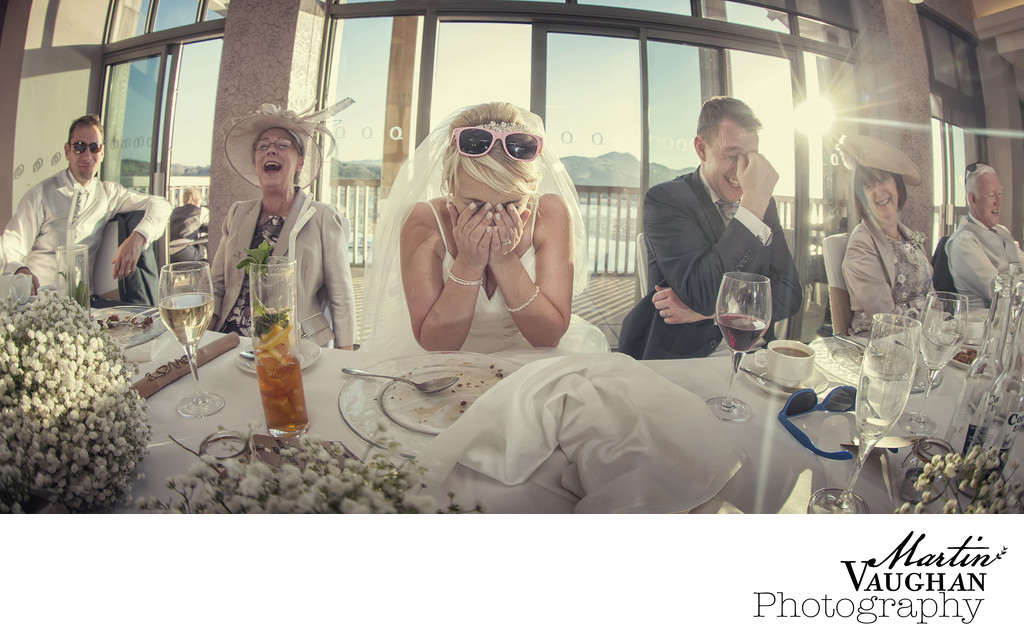 Fun wedding photography of speeches Quay Deganwy