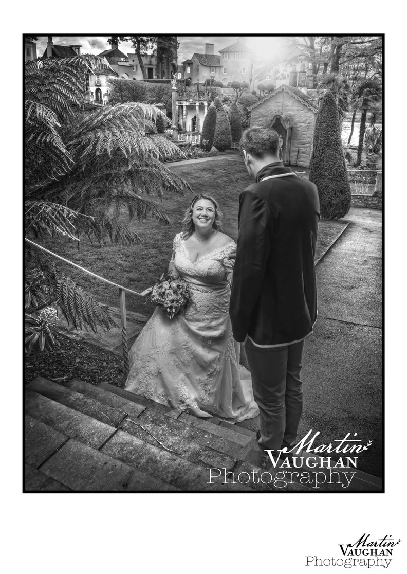 Portmeirion wedding this shot in the style of a Marcello film