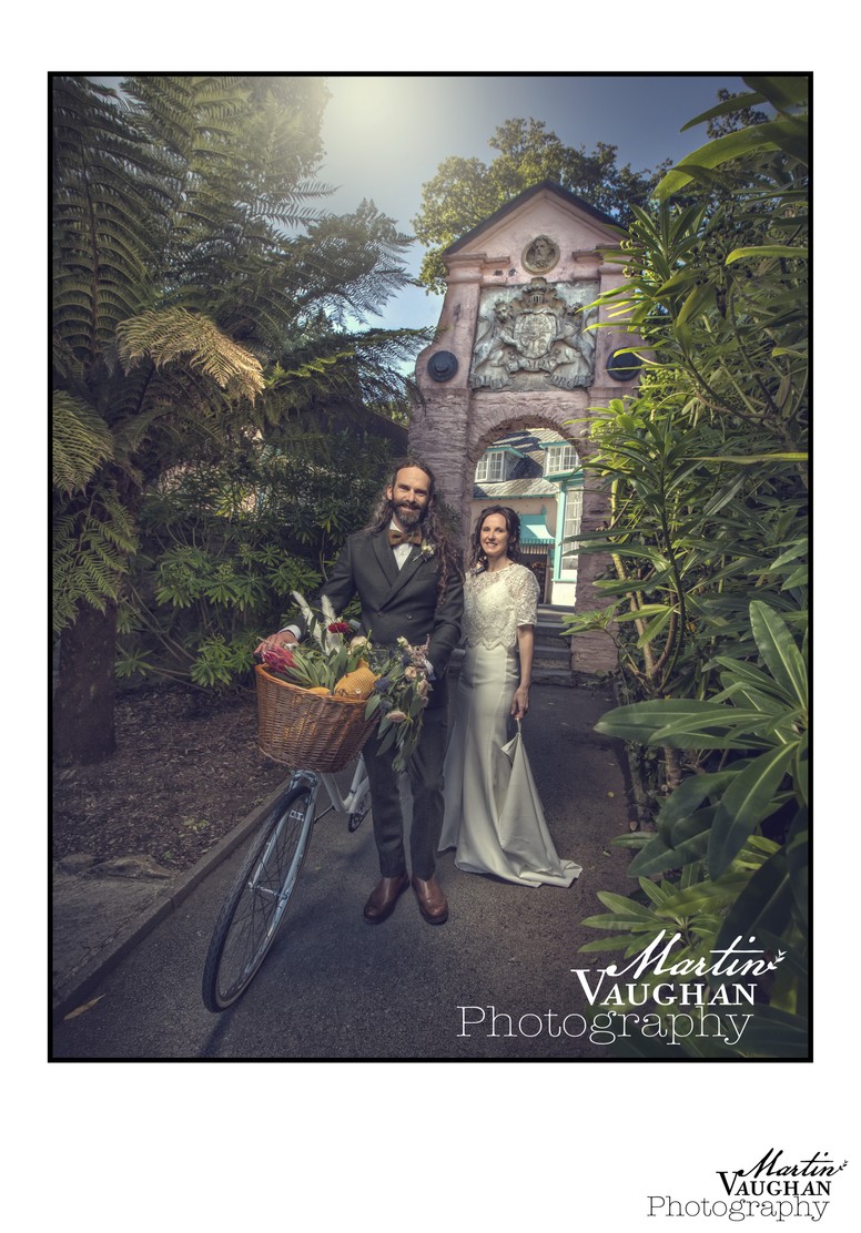 Portmeirion North Wales  wedding photographer with tandem 