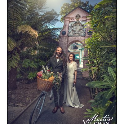 Portmeirion North Wales  wedding photographer with tandem 