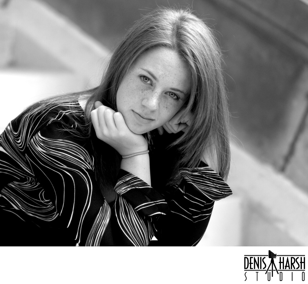 Black & White portrays Senior girl's pensive expression