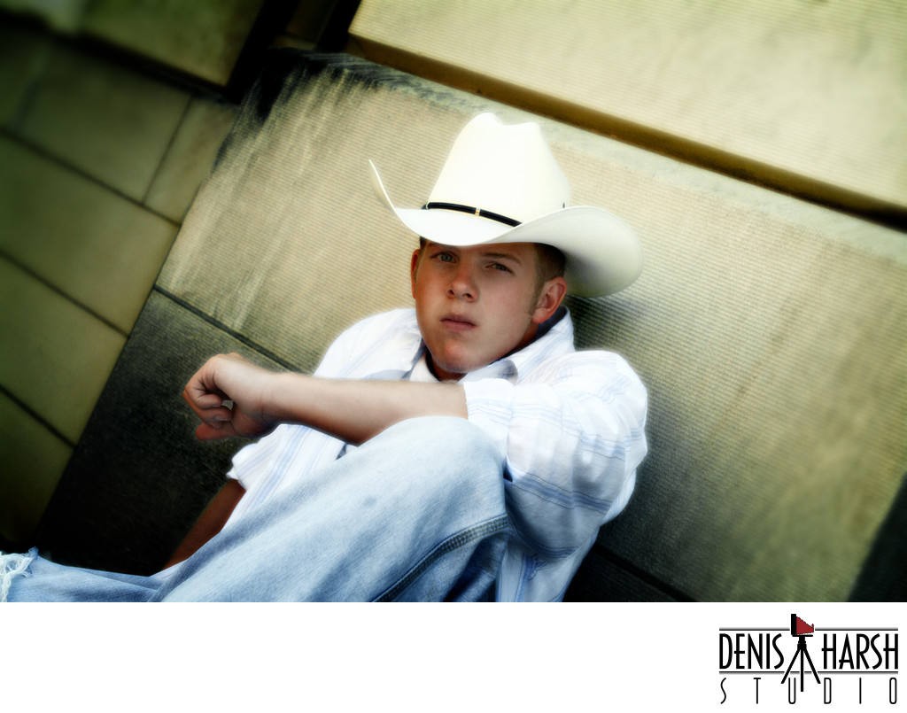 Country Western Style Senior Boy in Ten Gallon Hat