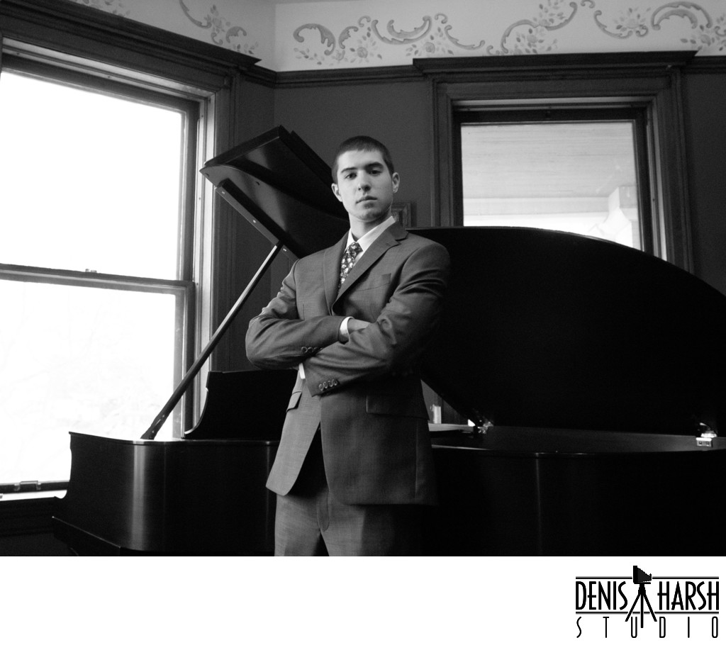 Senior Pictures Bloomington boy with Steinway Piano
