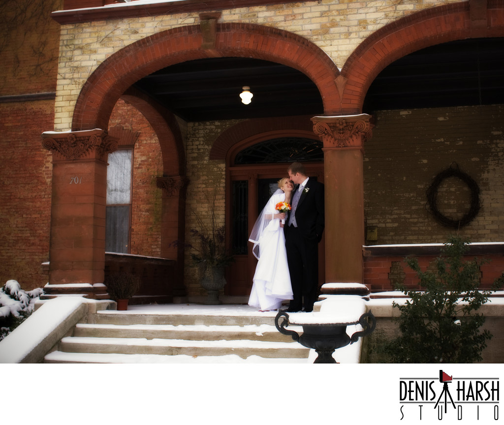 Bloomington Bride & Groom 1869 Mansion in January Snow