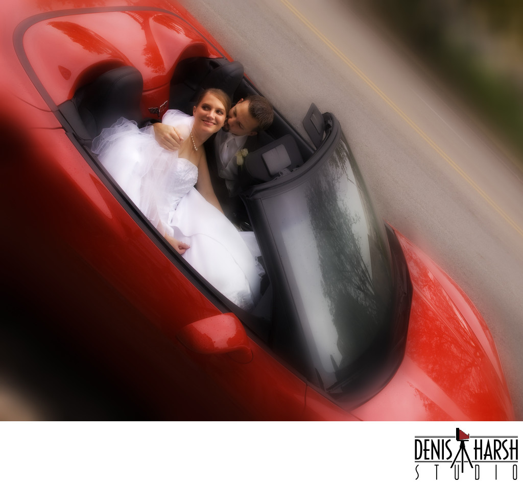 Bloomington Normal Wedding Photography in Red Corvette