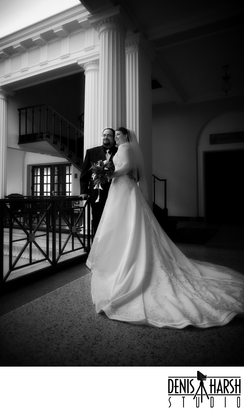 B+W Wedding Photography back of bride's dress & train 