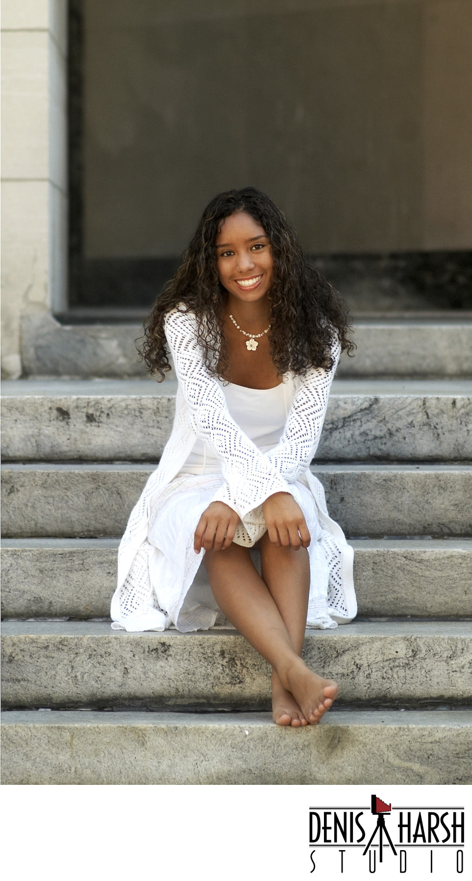 Bloomington Senior Picture Barefoot on steps in a dress