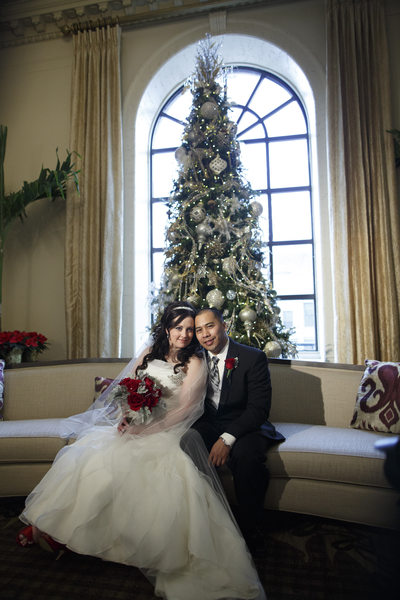 Bride & Groom by Christmas Tree Pere Marquette Peoria