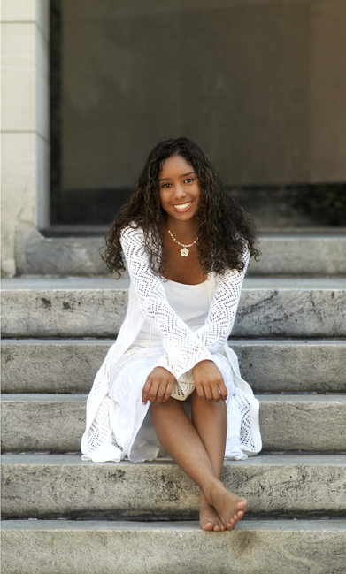 Bloomington Senior Picture Barefoot on steps in a dress