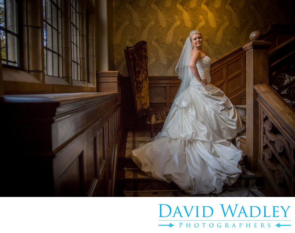 Bride photographed on the stunning staircase at Moxhull Hall Hotel on her wedding day.