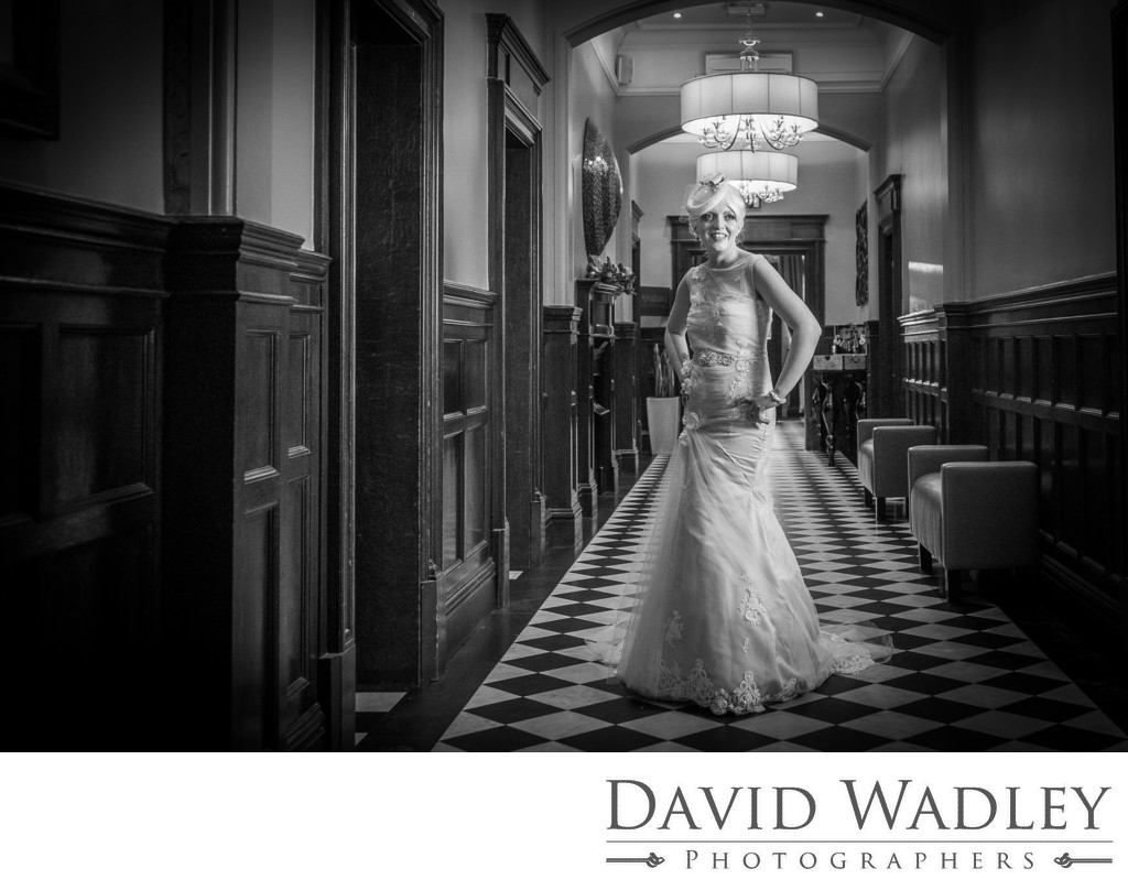 Bride photographed in Black & White Moxhull Hall Hotel.