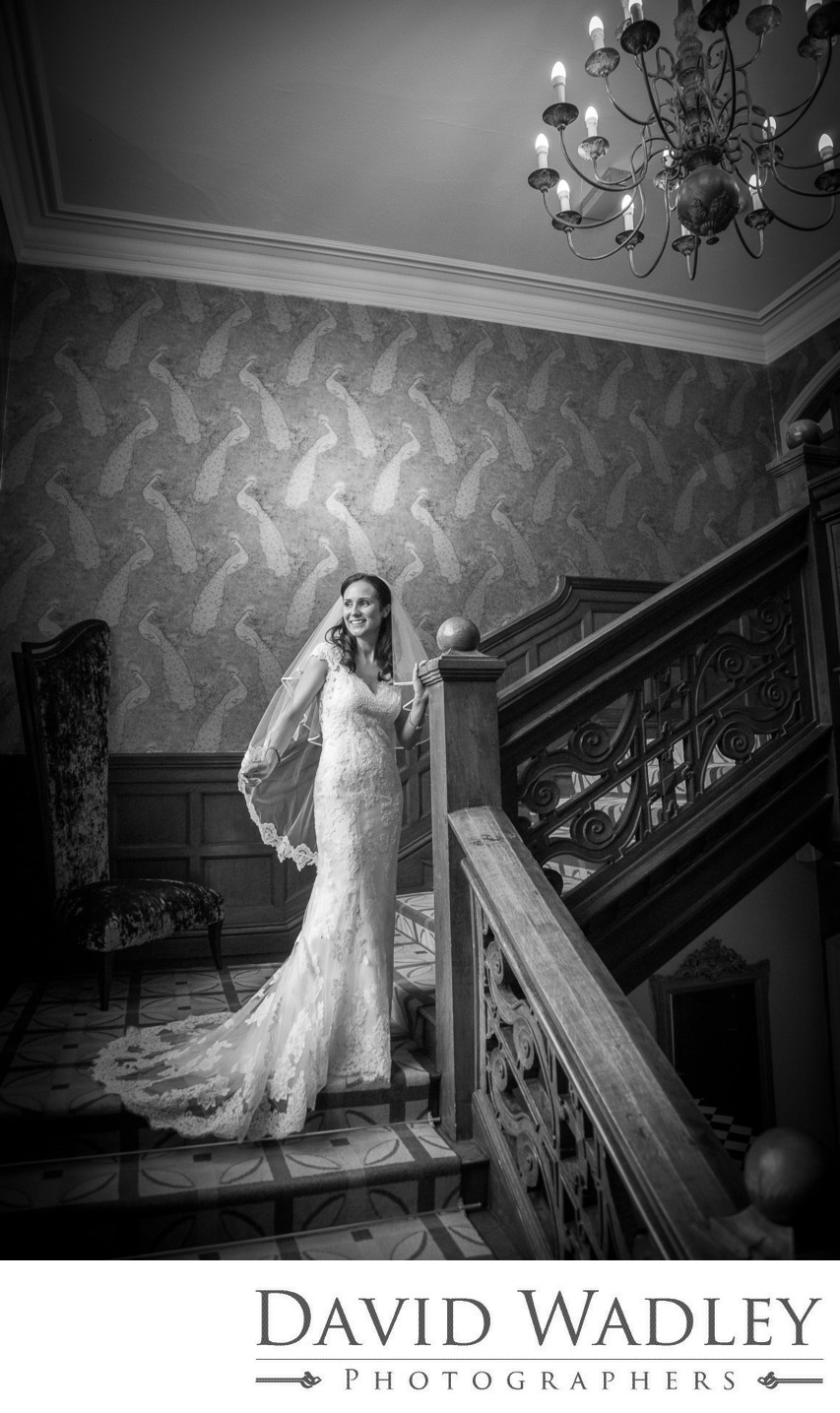 Bride photographed on the amazing stairs at Moxhull Hall Hotel.