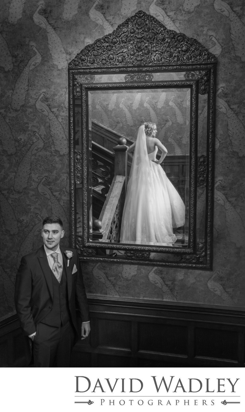 Bride in Mirror at Moxhull Hall on her Wedding day