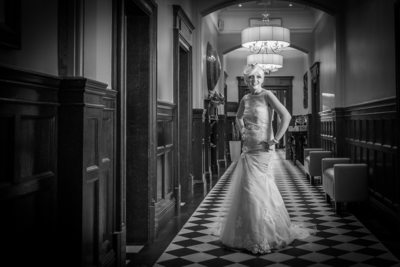 Bride photographed in Black & White Moxhull Hall Hotel.