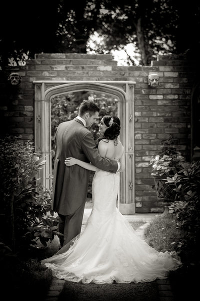 Bride & Groom photographed in the gardens of Moxhull Hall Hotel.