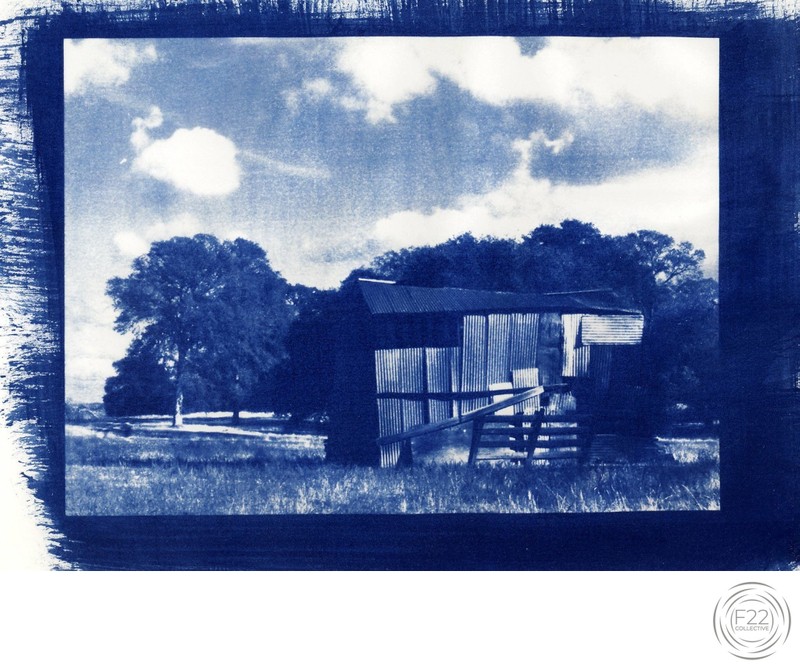 Cyanotype of a barn in Sacramento