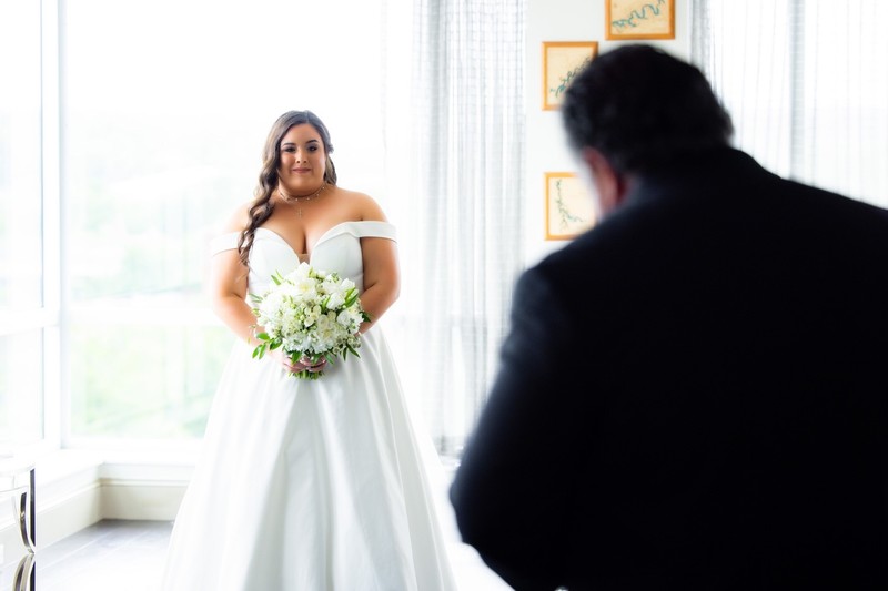 Father and Daughter First Look at Press Room Wedding
