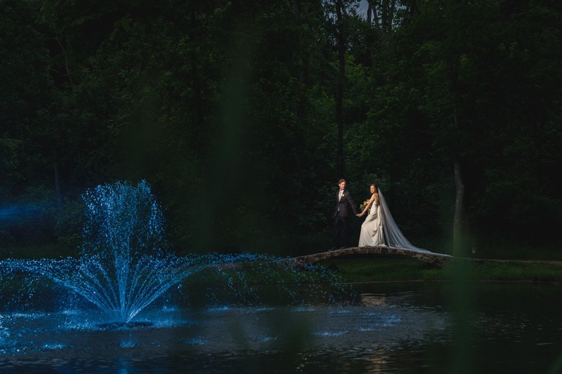 Dramatic Fountain Portrait at Ramble Creek Wedding