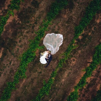 Aerial Vineyard Kiss at Ramble Creek Wedding
