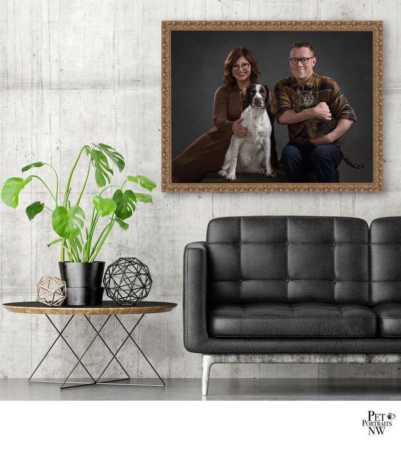 Poster with black sofa and green plant composition, 3d illustration