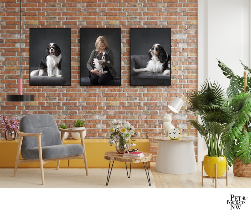 Poster mockup with vertical frames on empty brick wall in living room interior with dark velvet armchair.