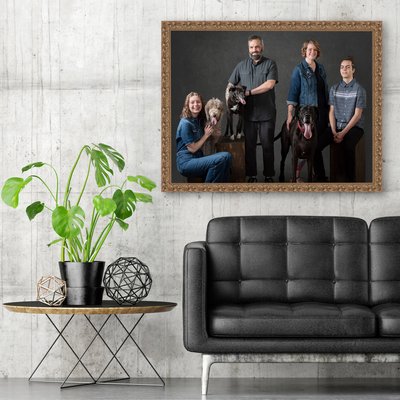 Poster with black sofa and green plant composition, 3d illustration