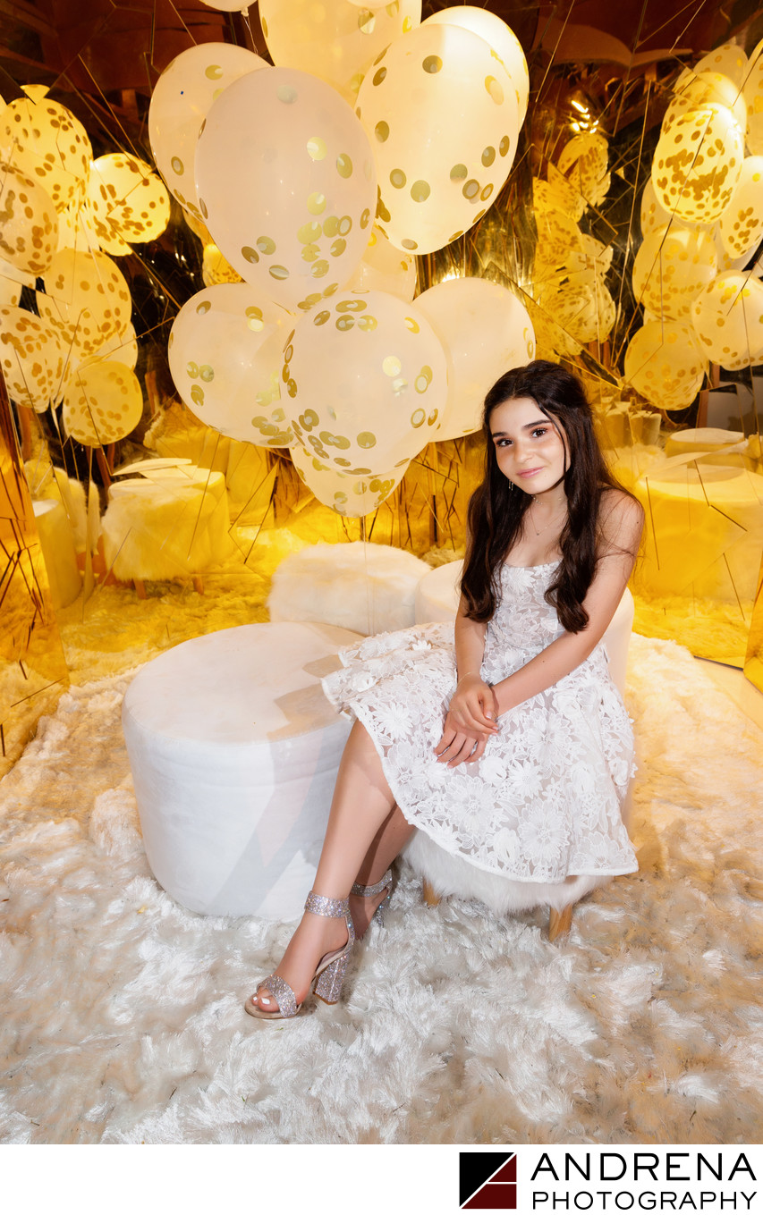 Bat Mitzvah Girl Portrait in Gold and White