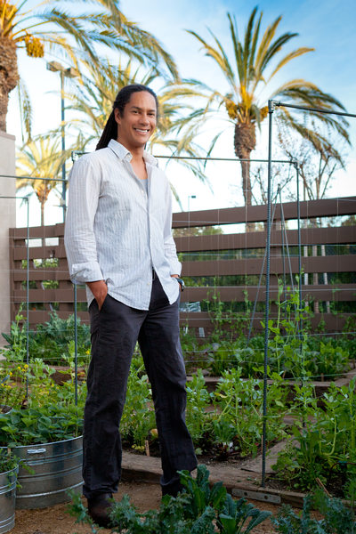 Chef Govind Armstrong in the kitchen garden at Post and Beam