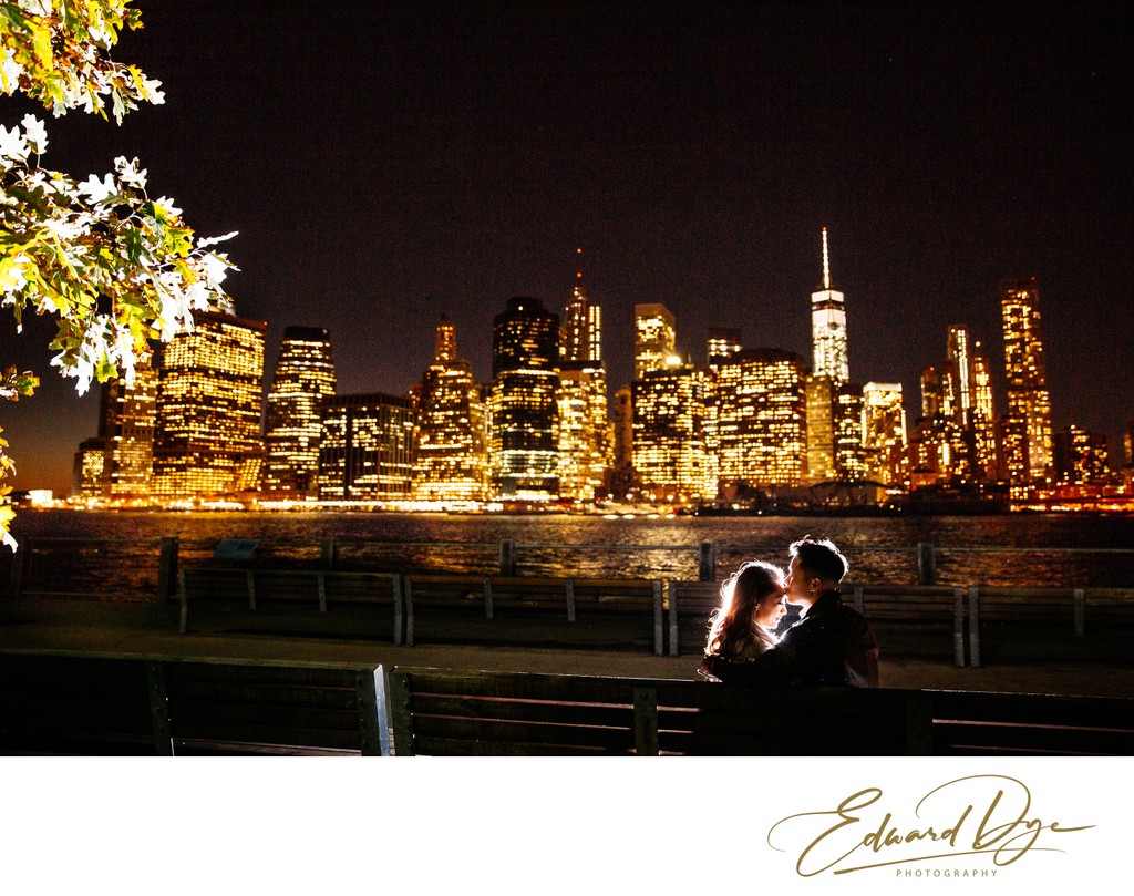 Brooklyn Bridge Park engagement photo Manhattan skyline