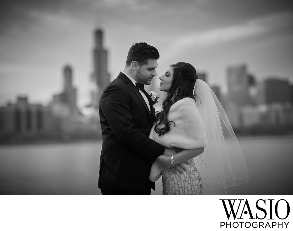 Black and White Wedding Portrait, Chicago Skyline