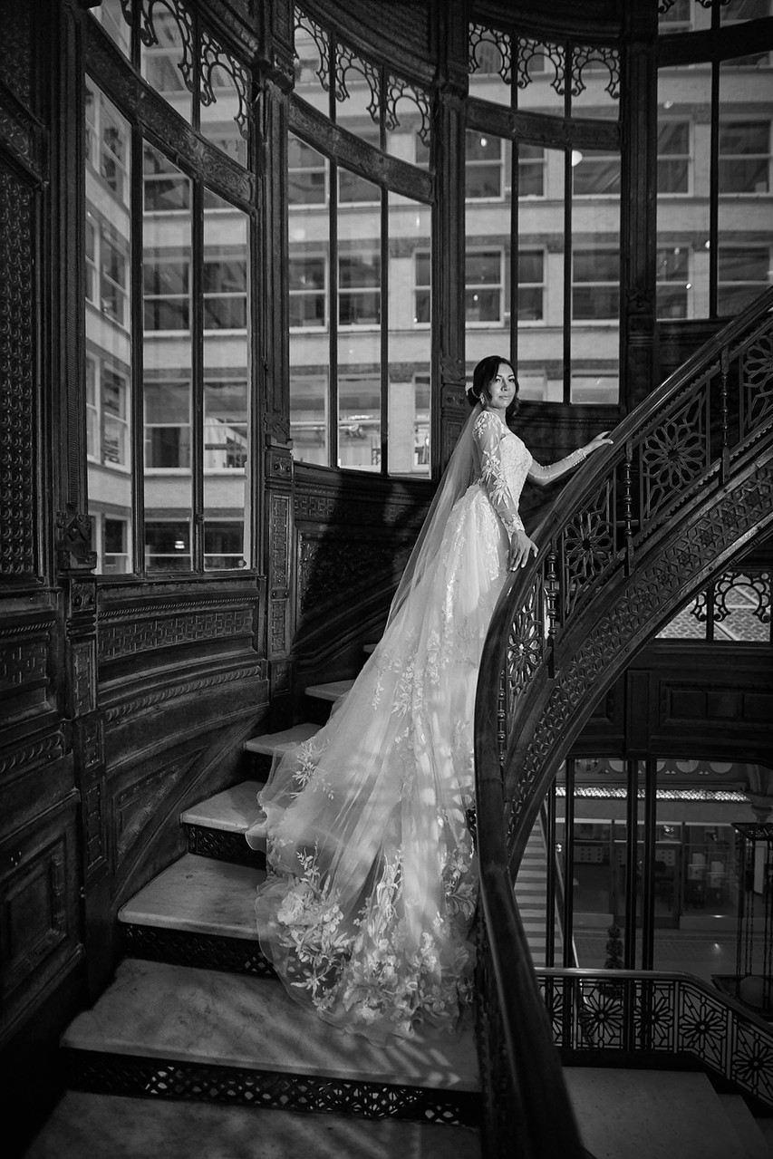 Rookery building staircase Bridal portrait