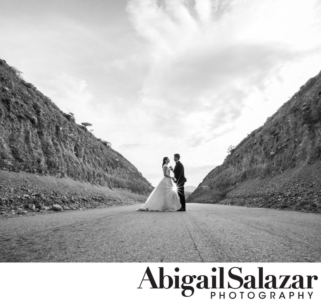 Bride and Groom: Middle of road wedding portrait