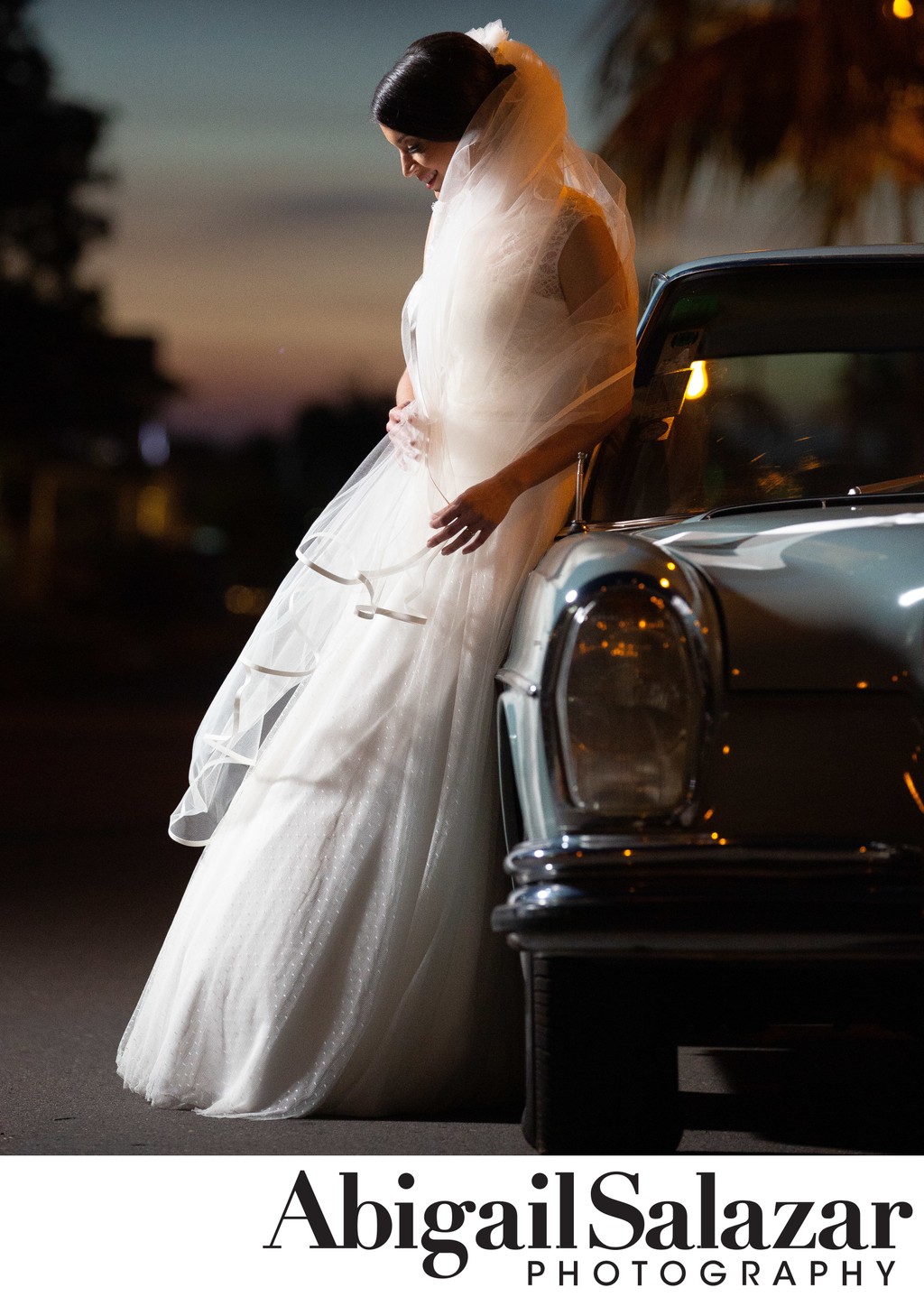 Bridal portrait: Bride & classic wedding car