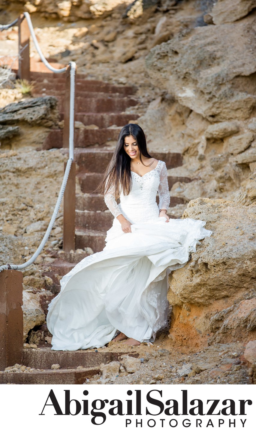 Barefoot bride walking down the stairs: Trash the dress