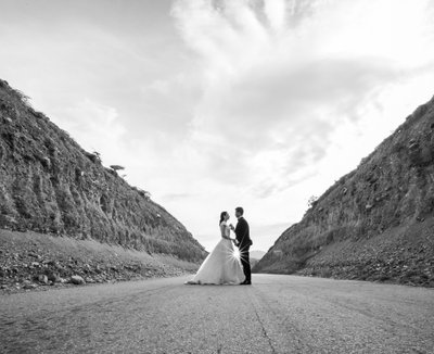 Bride and Groom: Middle of road wedding portrait