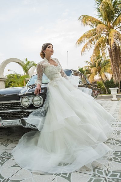 Artistic bridal portrait & black classic wedding car