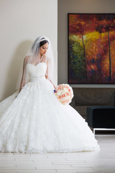 Lovely bridal portrait in a hotel hallway