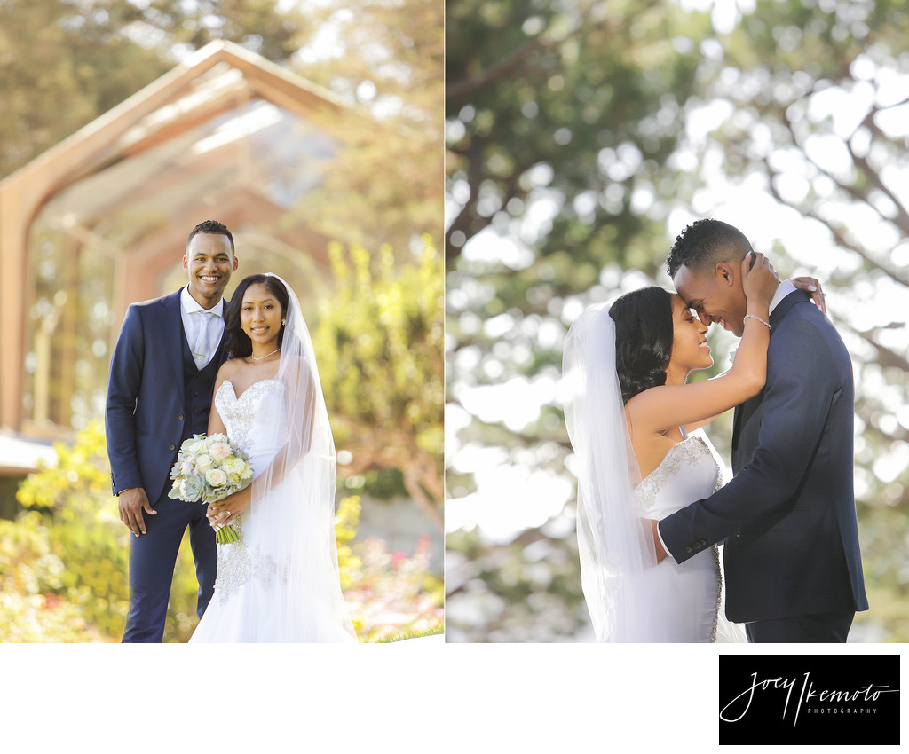 Wayfarers chapel bride and groom back of chapel