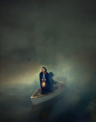 Woman With Lantern Rowing Through Fog