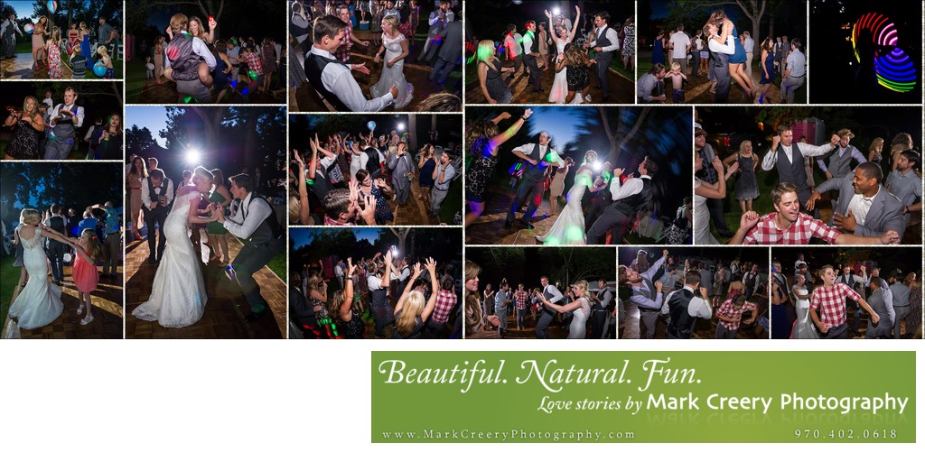 Dance party collage at Fort Collins backyard wedding