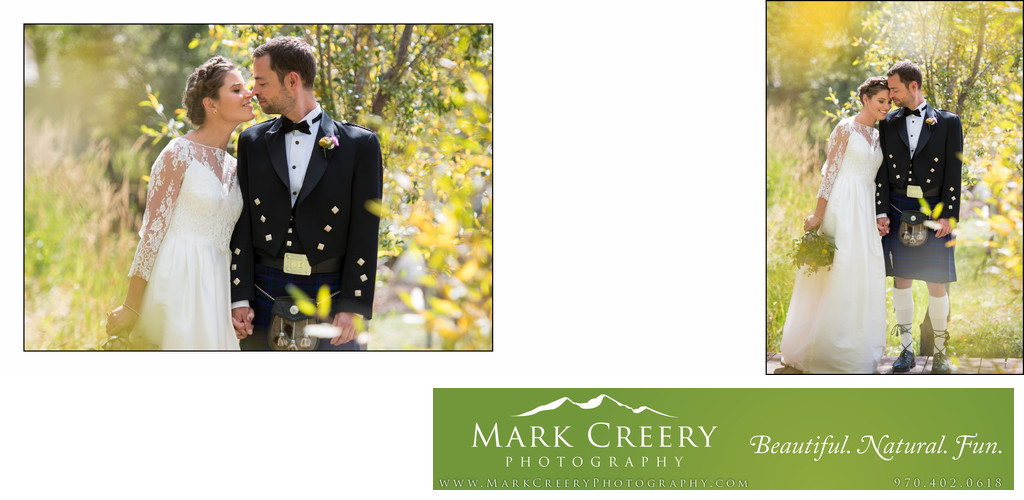 Fall bride & groom photo in aspens at Steamboat Springs wedding