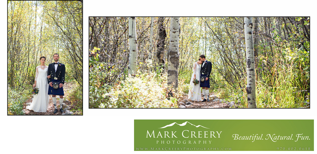 Bride & Groom in woods in Steamboat Springs wedding