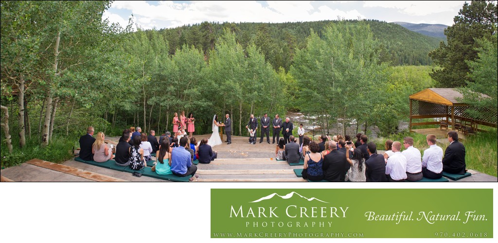 Wedding ceremony panorama with aspens at Wild Basin Lodge