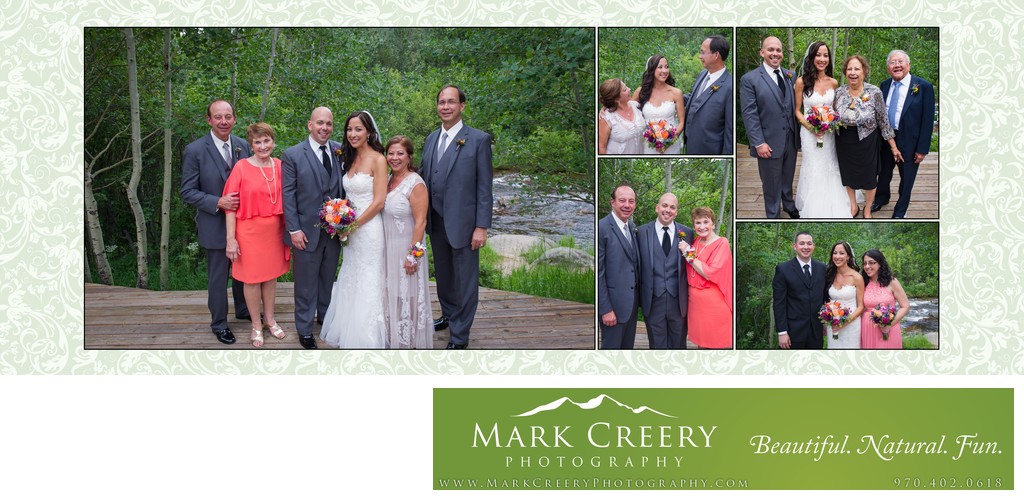 Family portraits by creek at Wild Basin Lodge wedding