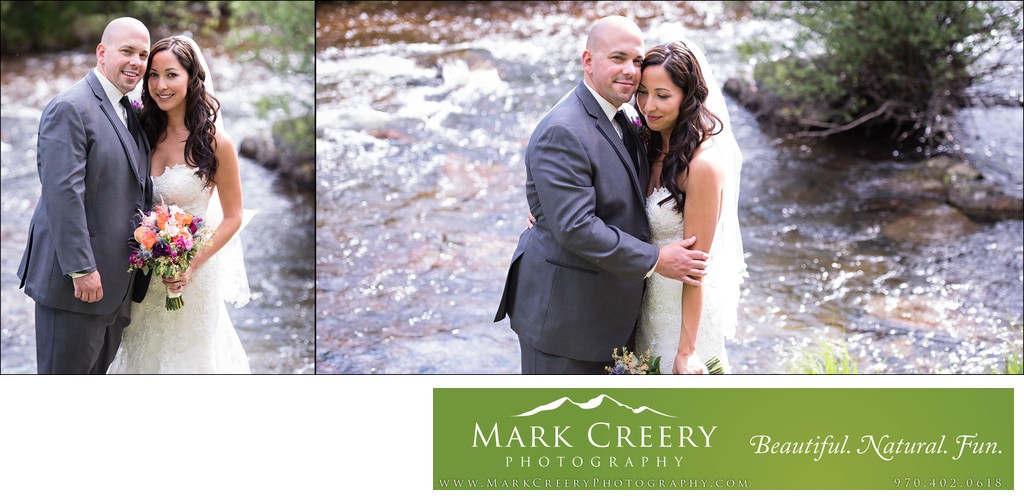 Bride & Groom portraits by river at Wild Basin Lodge