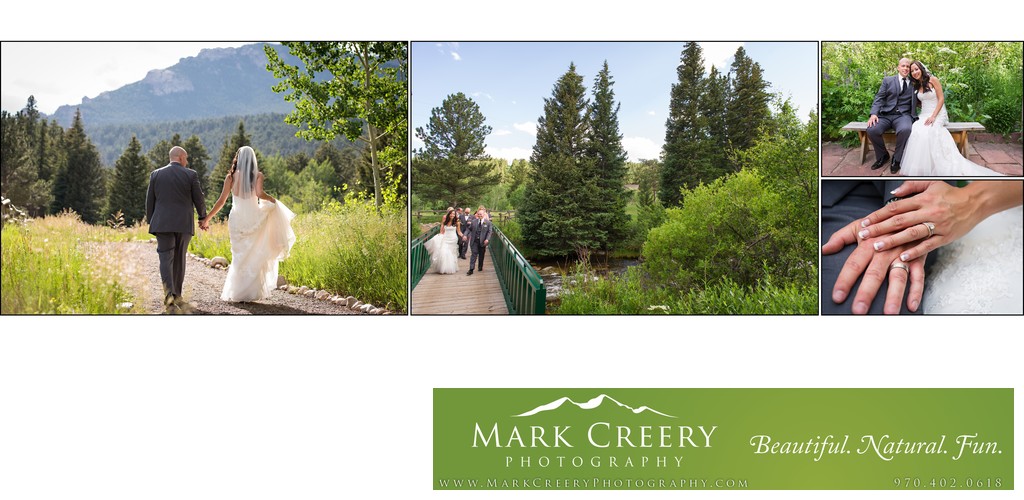 Bride & Groom crossing the creek at Wild Basin Lodge