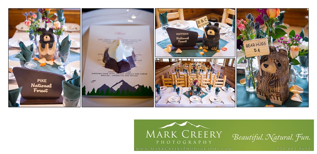 Wedding reception table details and bears Wild Basin Lodge