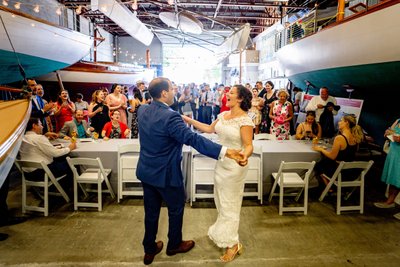 Wedding ceremony hall of boats Herreshoff Museum